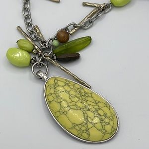 Chico’s Green Turquoise, Jade, Olive and Silver Extra Long Statement Necklace